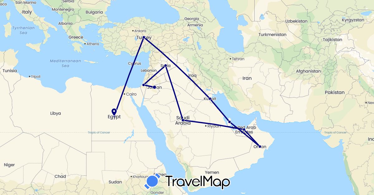 TravelMap itinerary: driving in United Arab Emirates, Egypt, Israel, Jordan, Kuwait, Oman, Qatar, Saudi Arabia, Syria, Turkey (Africa, Asia)